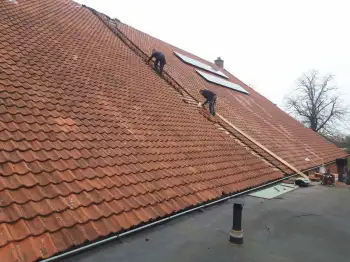 Volledige dakvernieuwing met hergebruik van oude pannen op boerderij in Beerte