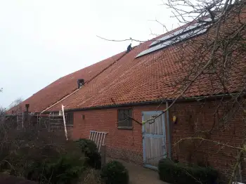 Volledige dakvernieuwing met hergebruik van oude pannen op boerderij in Beerte